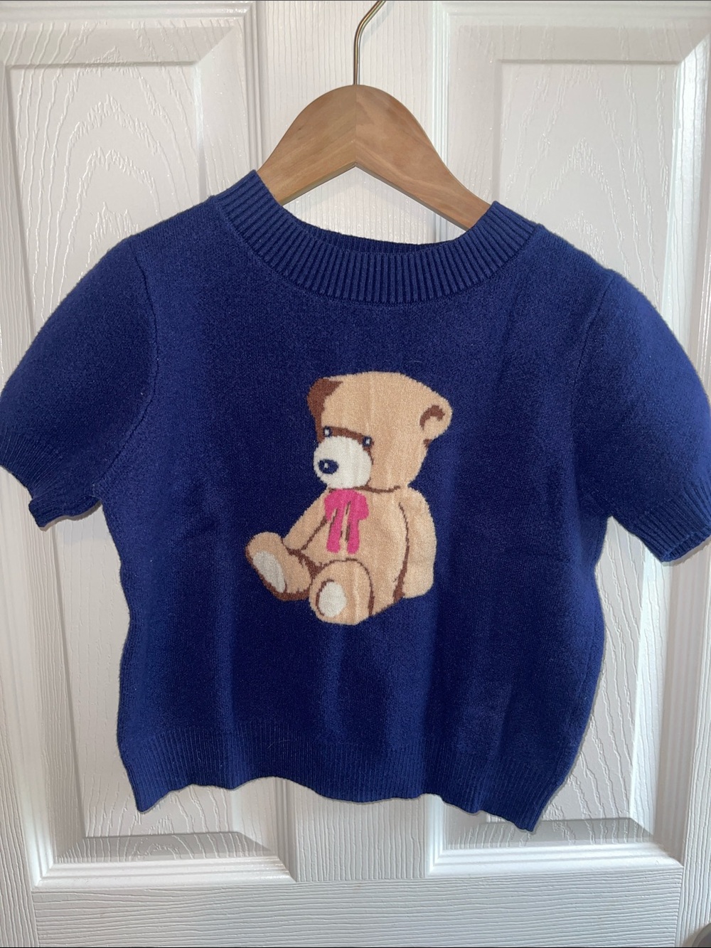 Navy Kids Short-Sleeve Sweater with Teddy Motif